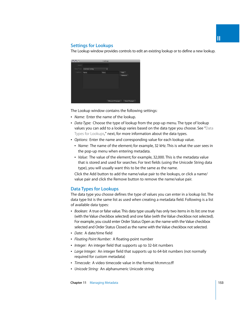 Settings for lookups, Data types for lookups | Apple Final Cut Server User Manual | Page 153 / 238