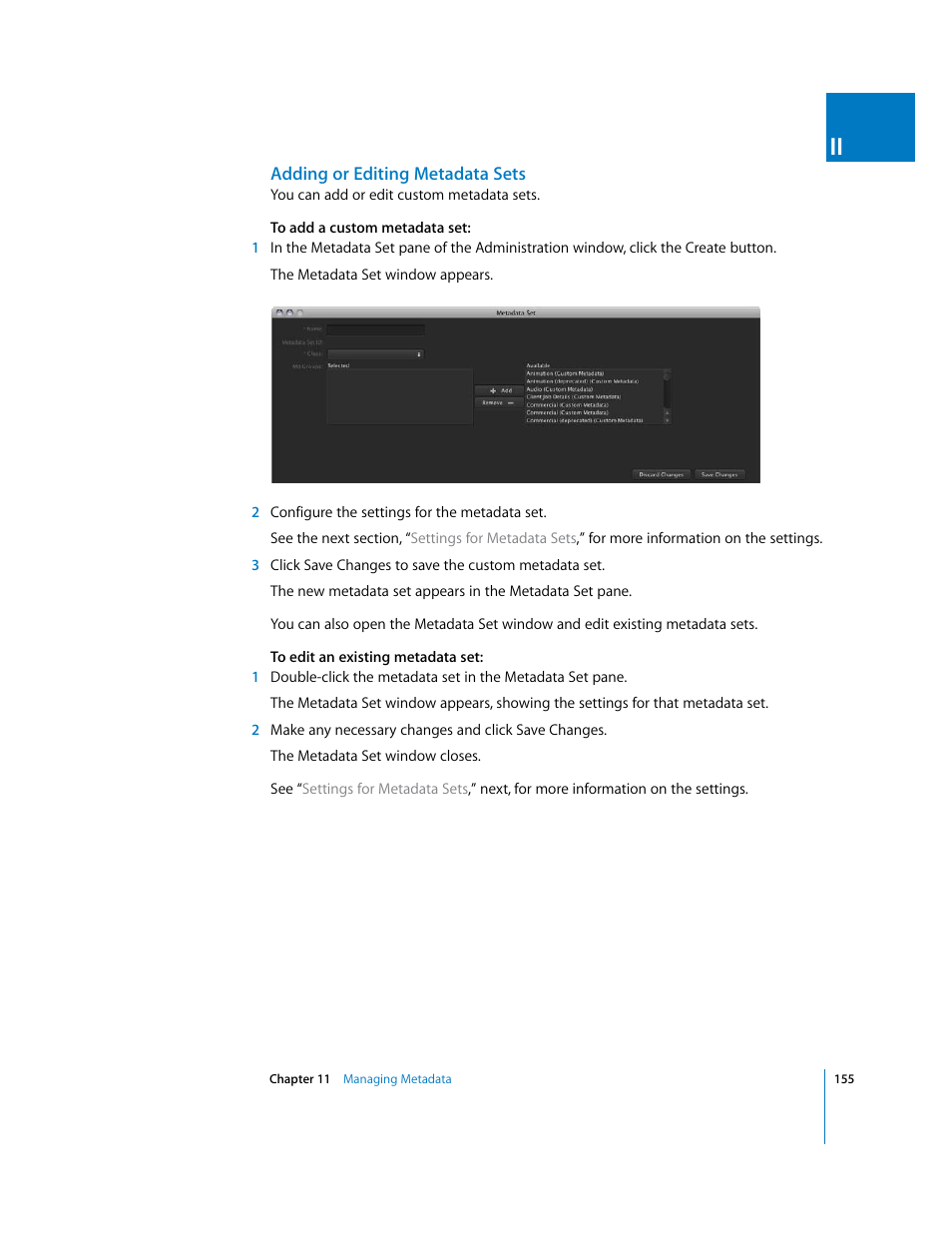 Adding or editing metadata sets | Apple Final Cut Server User Manual | Page 155 / 238