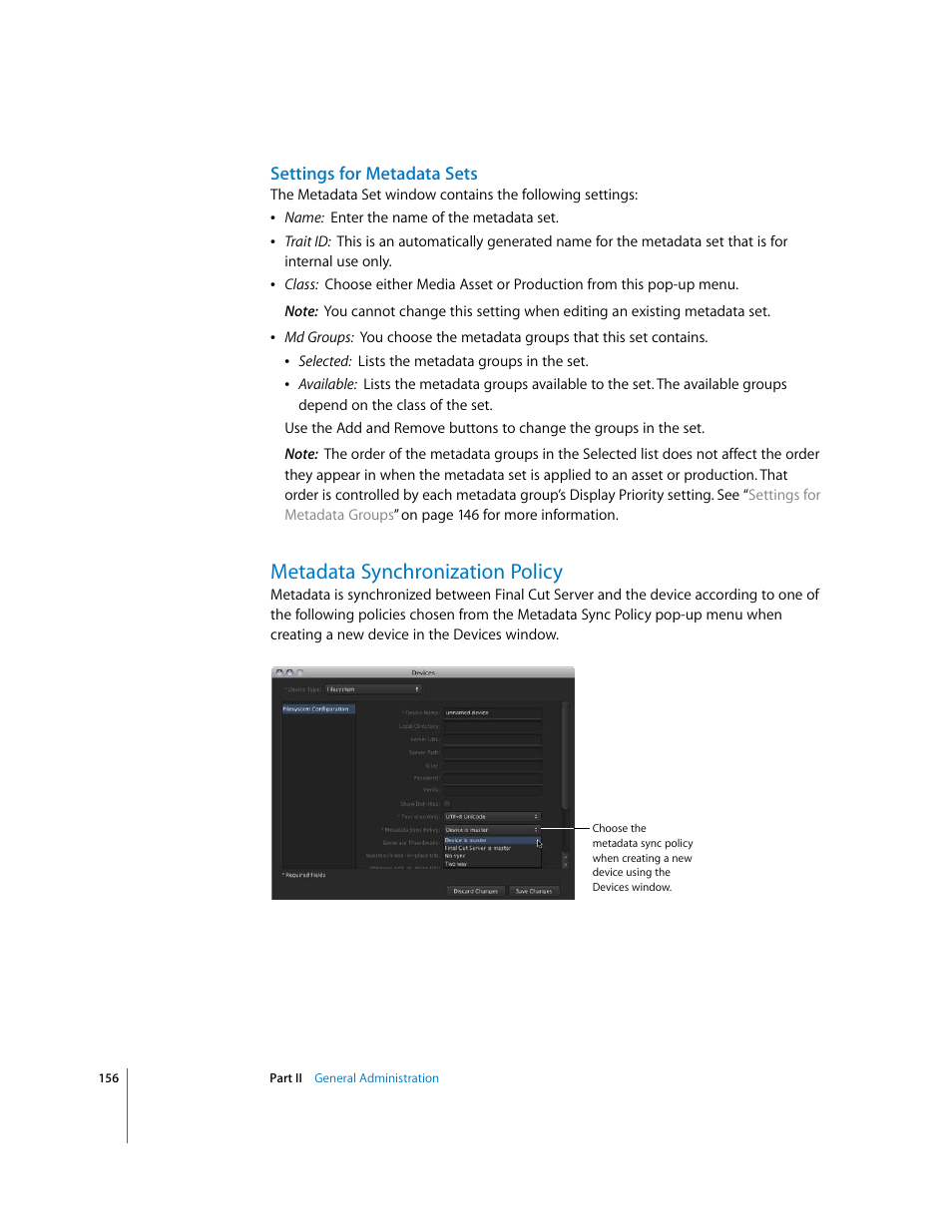 Settings for metadata sets, Metadata synchronization policy, P. 156) | Apple Final Cut Server User Manual | Page 156 / 238