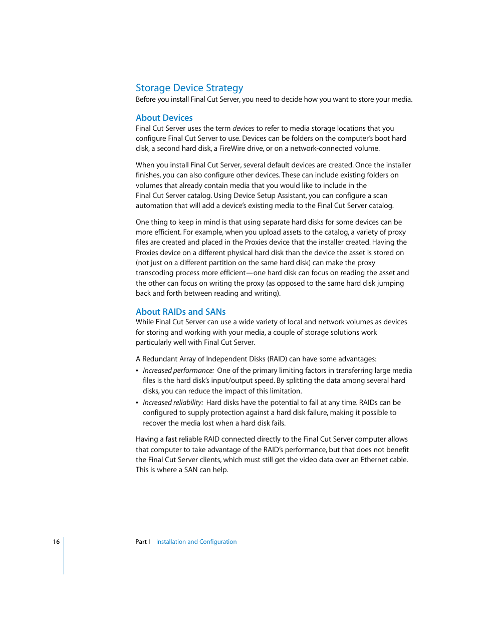 Storage device strategy, About devices, About raids and sans | P. 16) | Apple Final Cut Server User Manual | Page 16 / 238