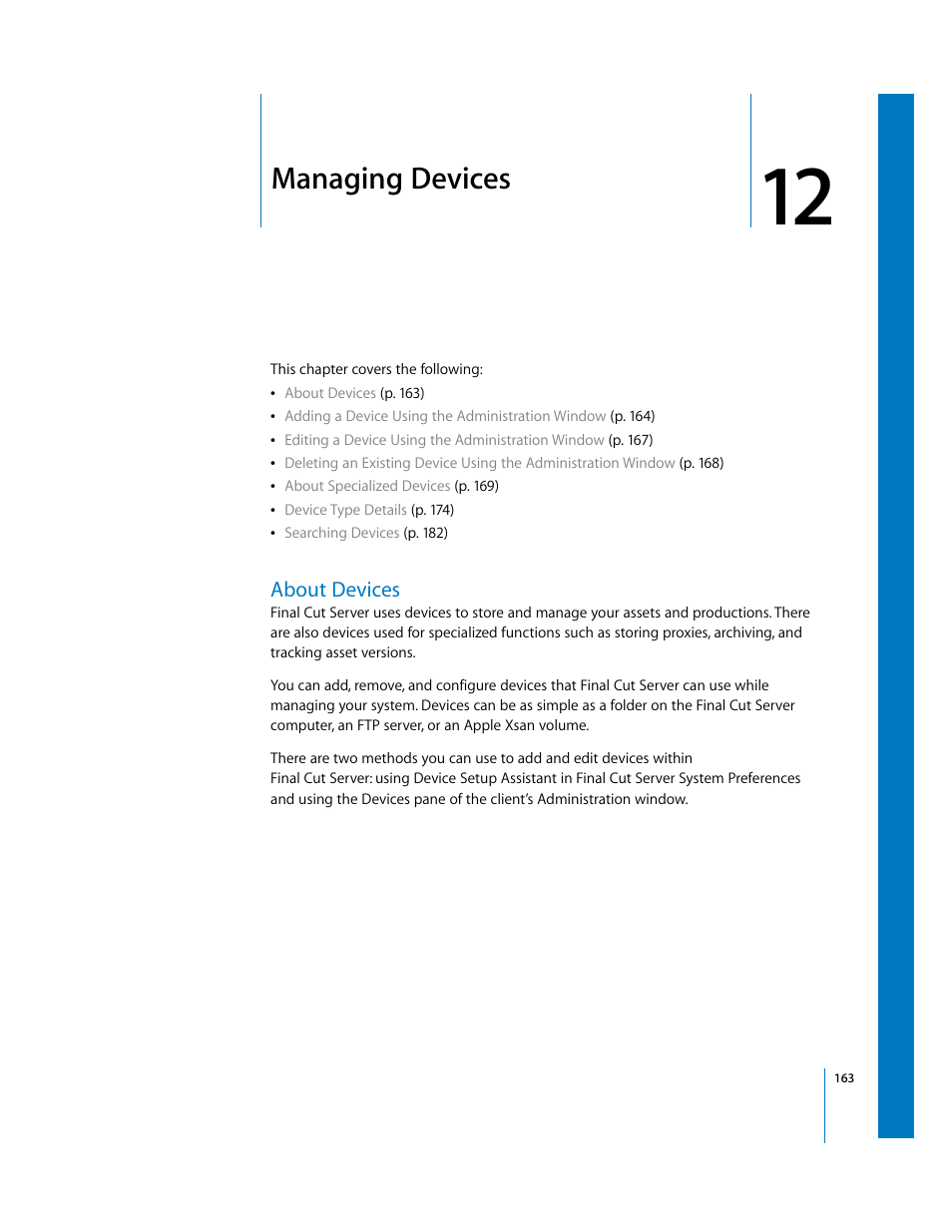 Managing devices, About devices, Chapter 12 | And chapter 12, Ee chapter 12 | Apple Final Cut Server User Manual | Page 163 / 238