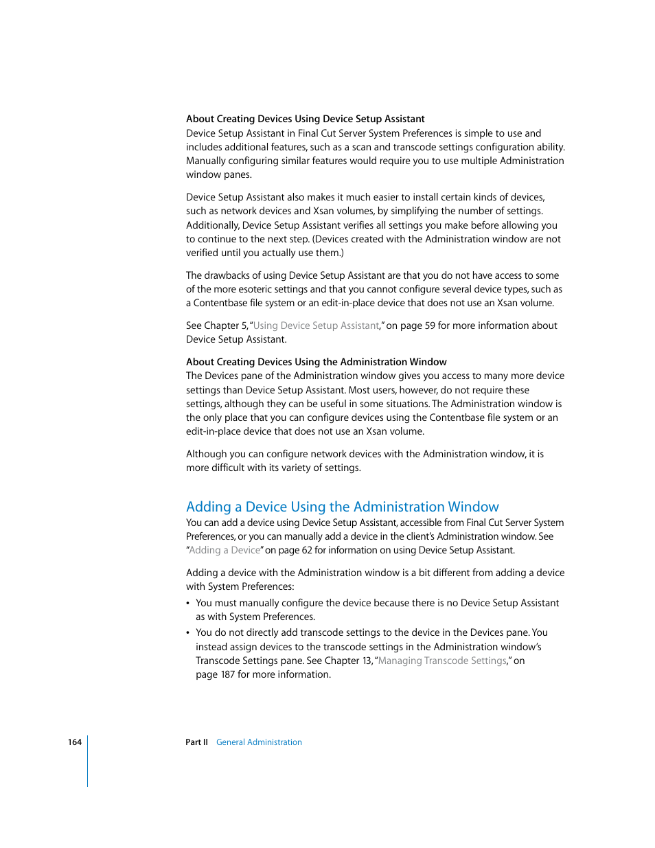 Adding a device using the administration window, P. 164) | Apple Final Cut Server User Manual | Page 164 / 238