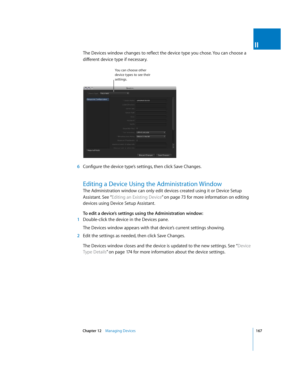 Editing a device using the administration window, Editing a, Device using the administration window | P. 167) | Apple Final Cut Server User Manual | Page 167 / 238