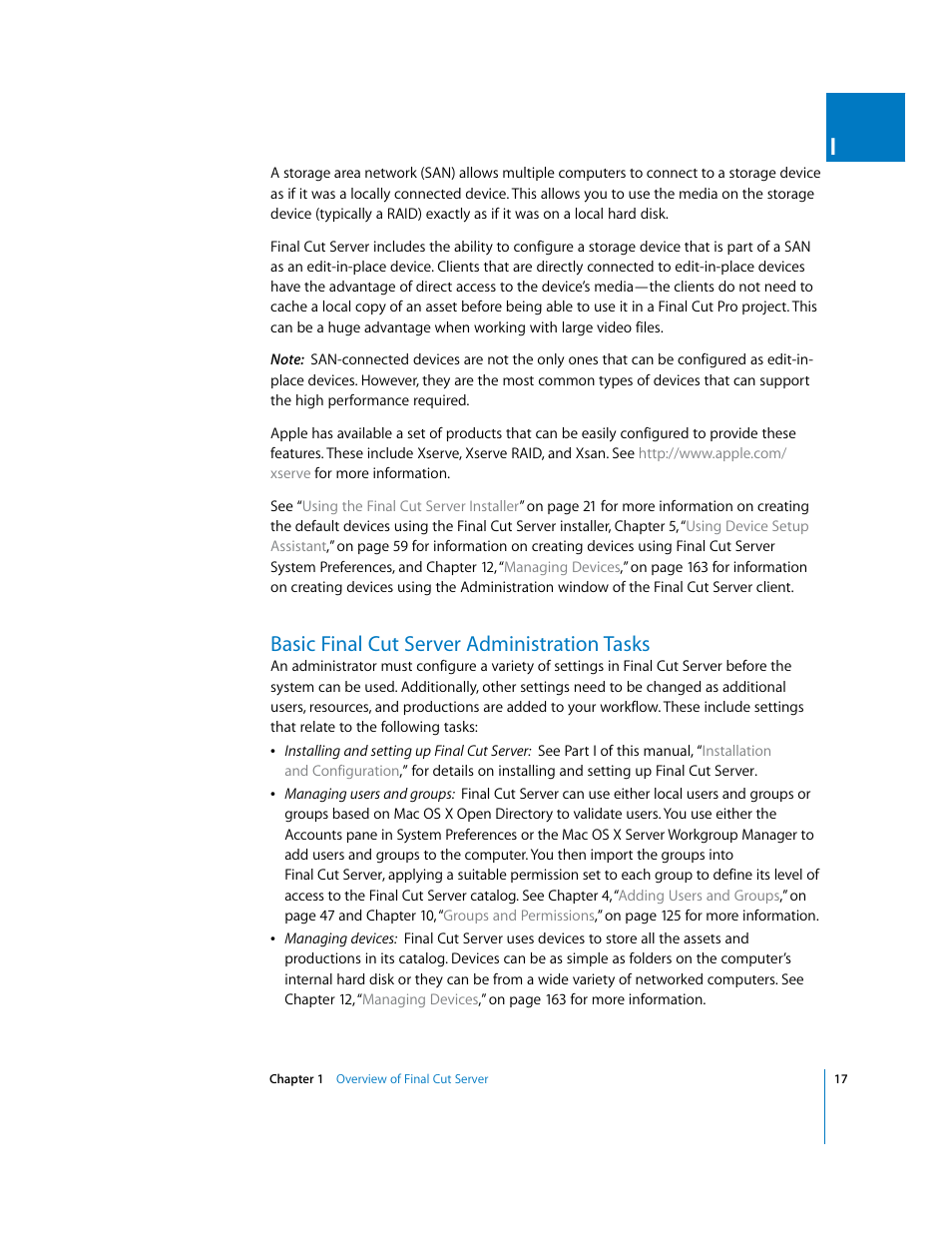 Basic finalcutserver administration tasks, Basic final cut server administration tasks, P. 17) | Apple Final Cut Server User Manual | Page 17 / 238
