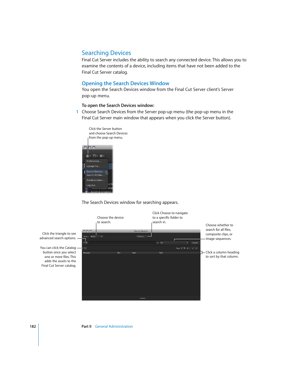 Searching devices, Opening the search devices window, P. 182) | W (explained in | Apple Final Cut Server User Manual | Page 182 / 238
