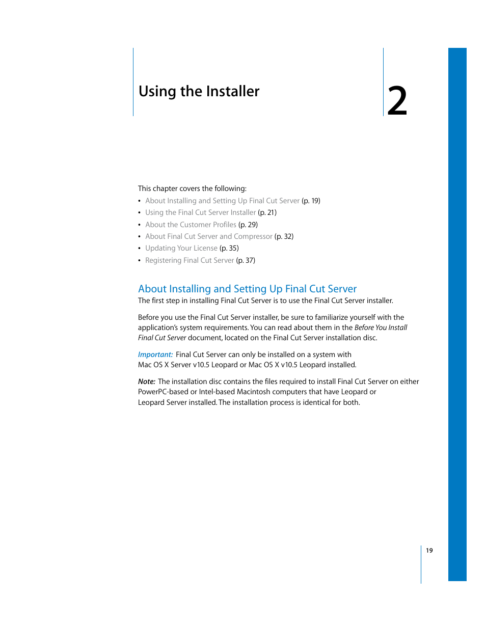 Using the installer, About installing and setting up finalcutserver, Chapter 2 | About installing and setting up final cut server | Apple Final Cut Server User Manual | Page 19 / 238