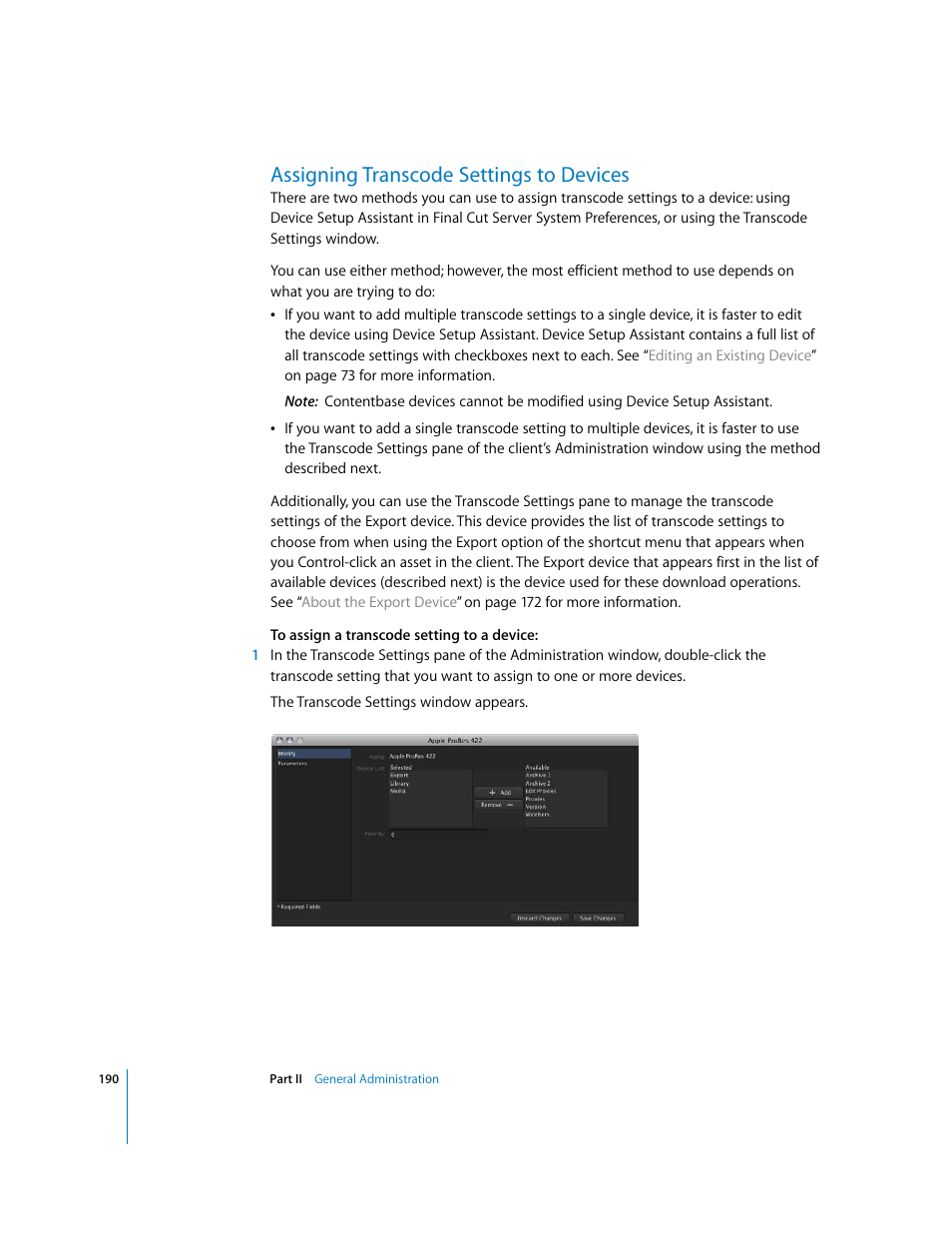 Assigning transcode settings to devices, Assigning, Transcode settings to devices | P. 190) | Apple Final Cut Server User Manual | Page 190 / 238
