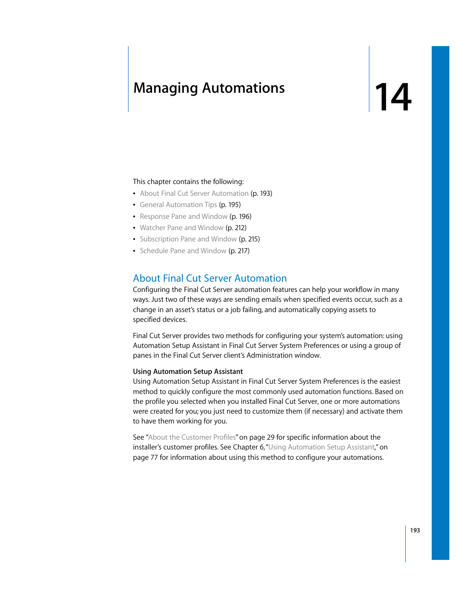 Managing automations, About finalcutserver automation, Chapter 14 | About final cut server automation, Ee chapter 14, Managing, Automations, T and chapter 14, 7 and chapter 14 | Apple Final Cut Server User Manual | Page 193 / 238