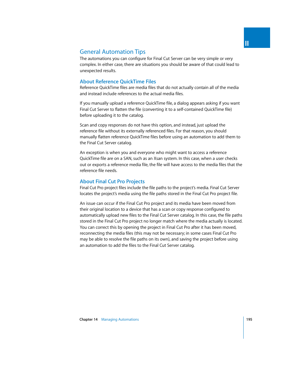 General automation tips, About reference quicktime files, About finalcutpro projects | P. 195) | Apple Final Cut Server User Manual | Page 195 / 238
