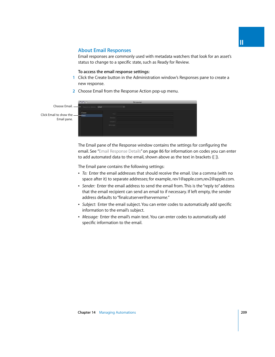 About email responses | Apple Final Cut Server User Manual | Page 209 / 238