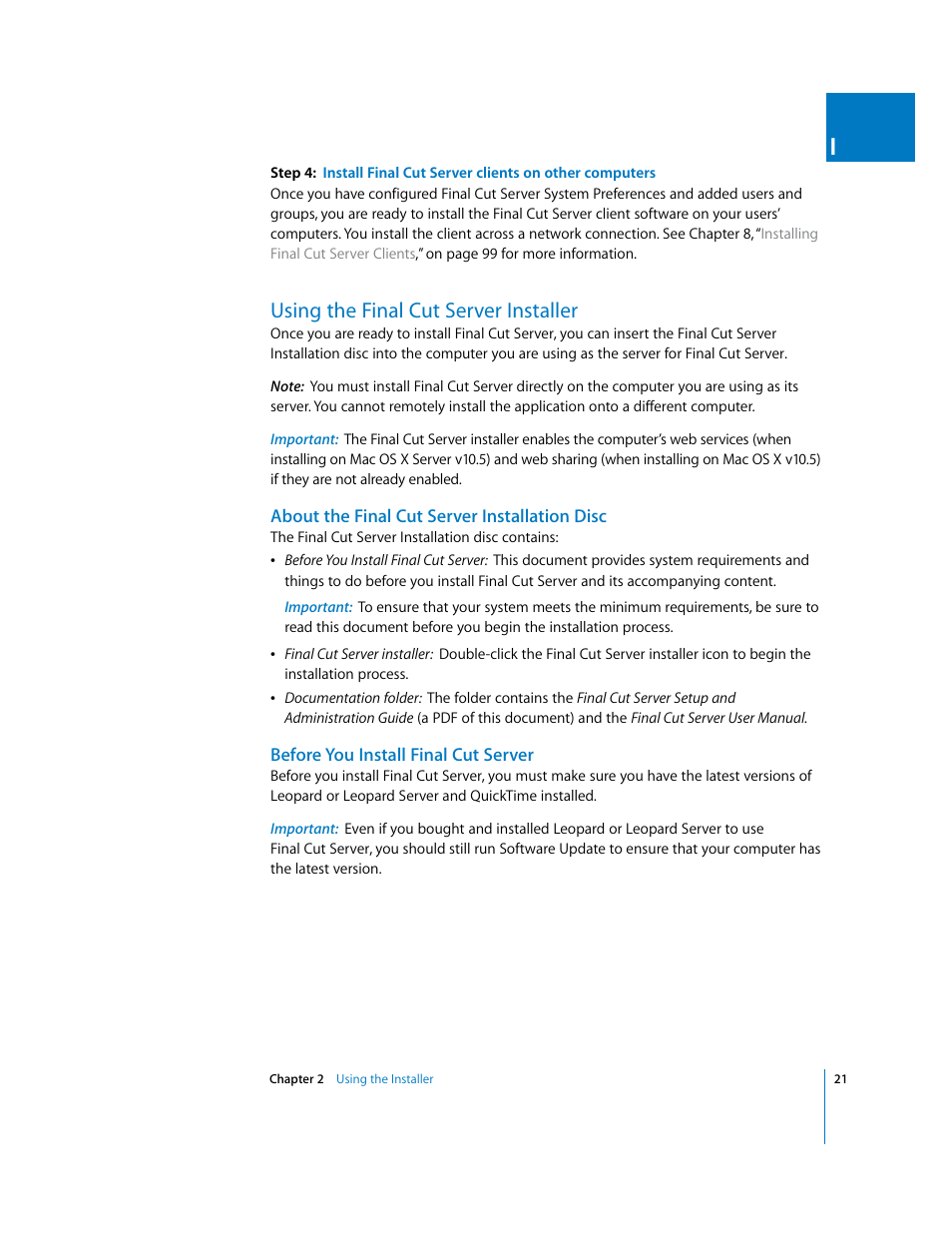 Using the finalcutserver installer, About the finalcutserver installation disc, Before you install finalcutserver | Using the final cut server installer, P. 21) | Apple Final Cut Server User Manual | Page 21 / 238