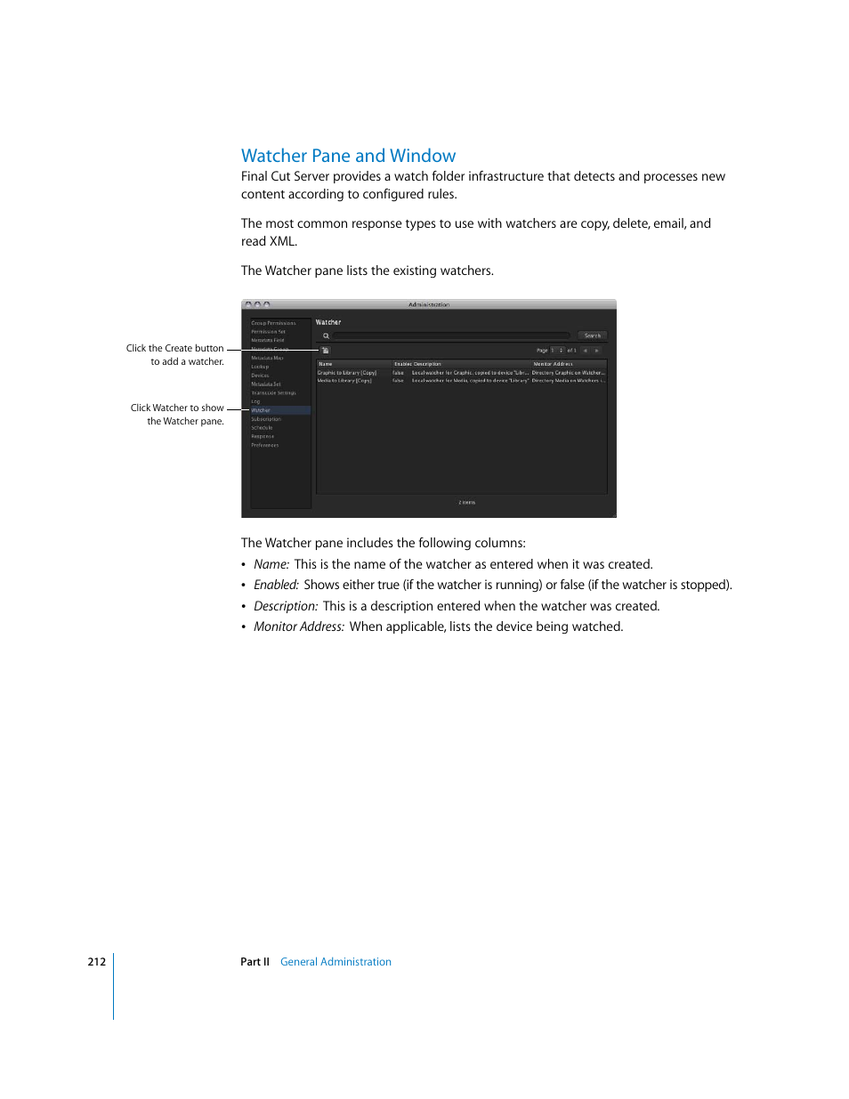 Watcher pane and window, P. 212) | Apple Final Cut Server User Manual | Page 212 / 238
