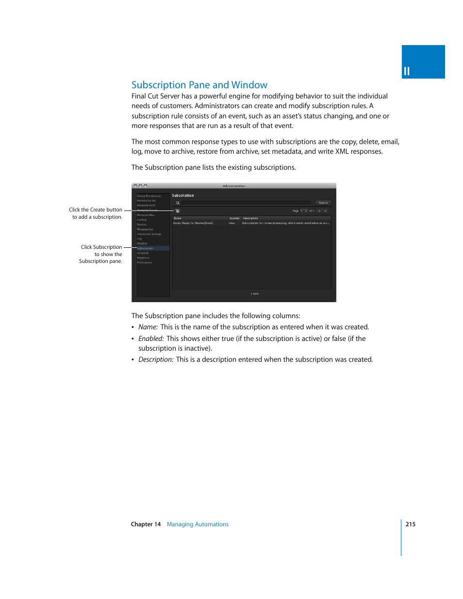 Subscription pane and window, P. 215) | Apple Final Cut Server User Manual | Page 215 / 238