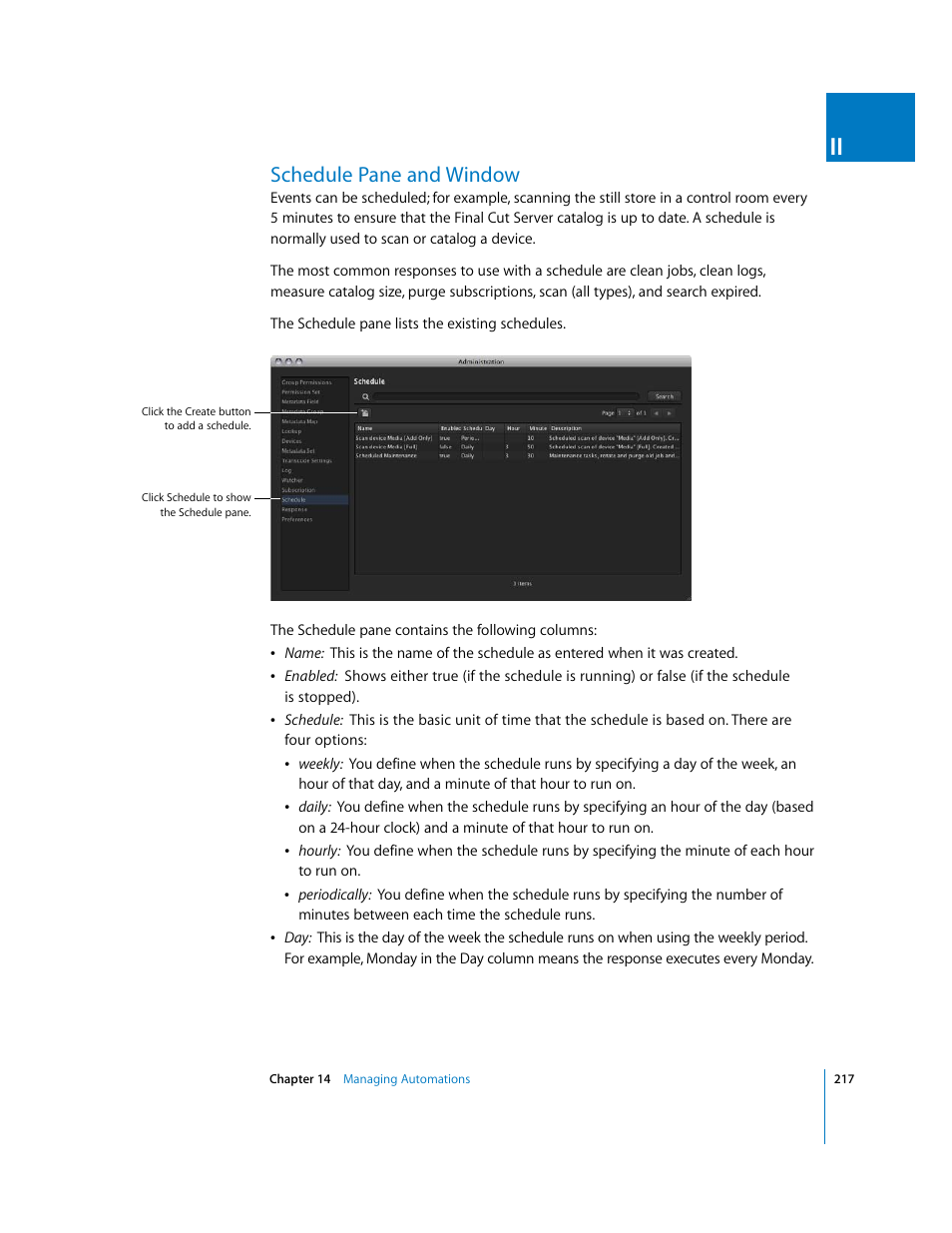 Schedule pane and window, P. 217) | Apple Final Cut Server User Manual | Page 217 / 238