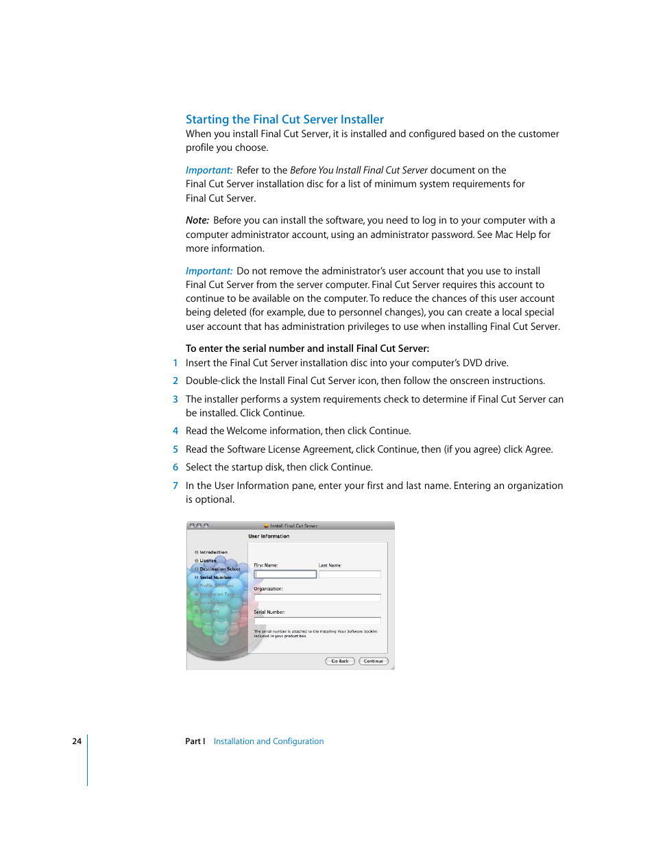 Starting the finalcutserver installer | Apple Final Cut Server User Manual | Page 24 / 238