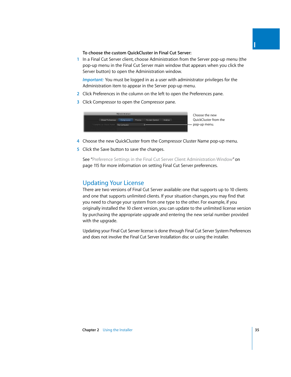 Updating your license, P. 35) | Apple Final Cut Server User Manual | Page 35 / 238