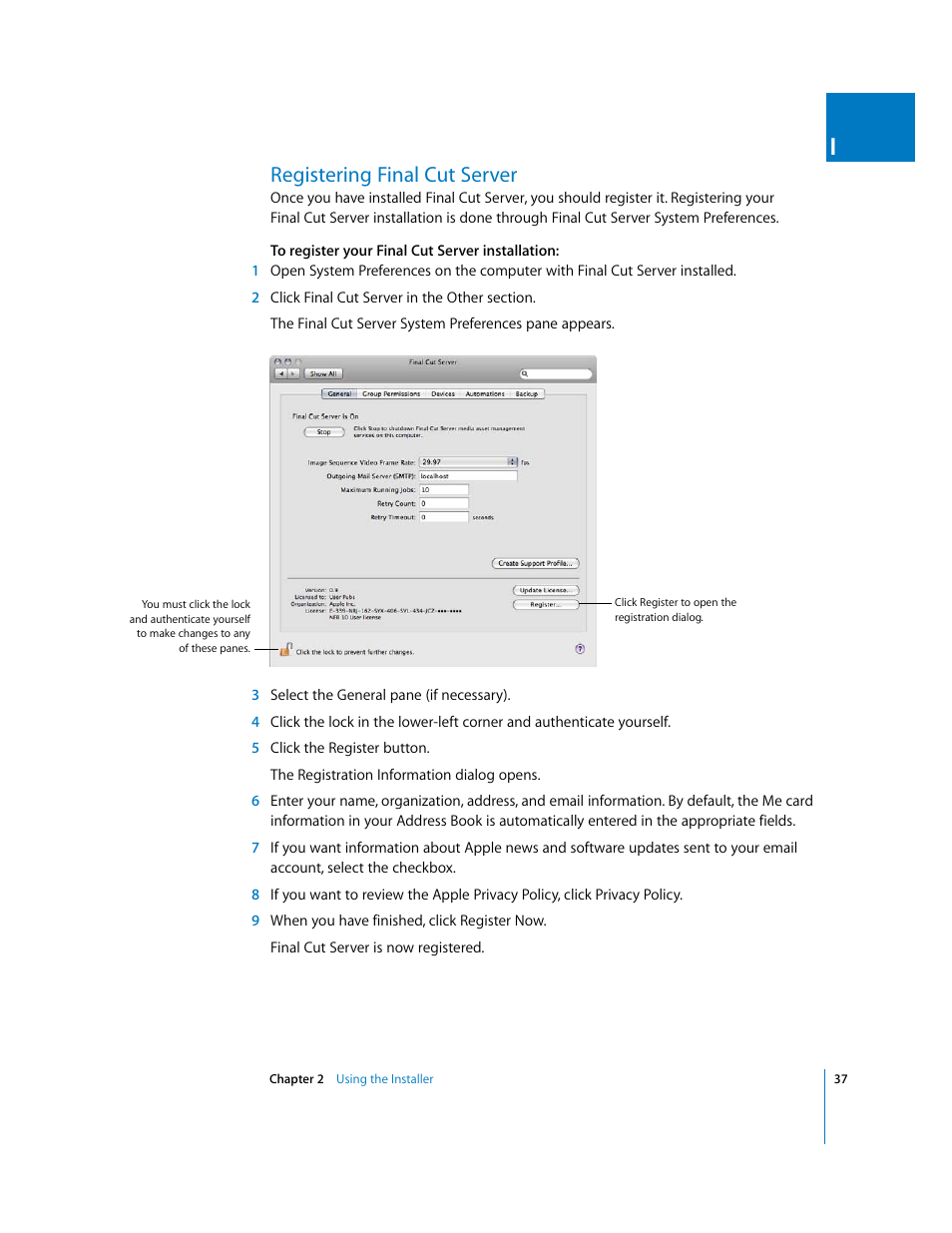 Registering finalcutserver, Registering final cut server, P. 37) | Apple Final Cut Server User Manual | Page 37 / 238
