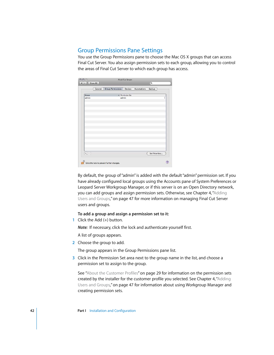 Group permissions pane settings, P. 42) | Apple Final Cut Server User Manual | Page 42 / 238