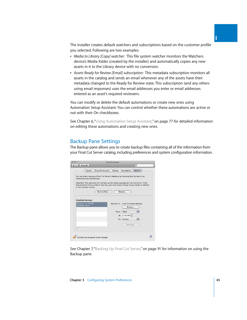 Backup pane settings, P. 45) | Apple Final Cut Server User Manual | Page 45 / 238