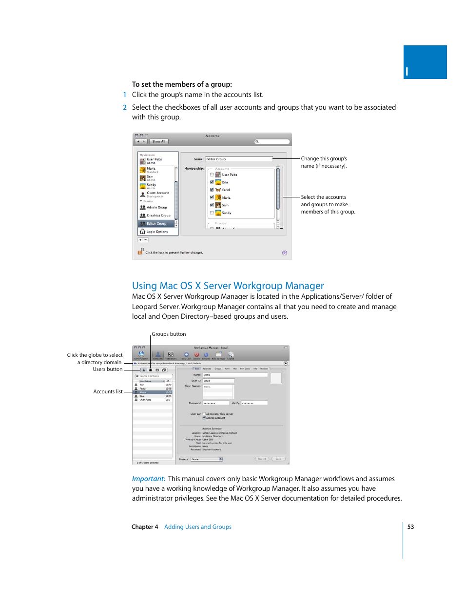 Using macosxserver workgroup manager, Using mac os x server workgroup manager, P. 53) | Apple Final Cut Server User Manual | Page 53 / 238