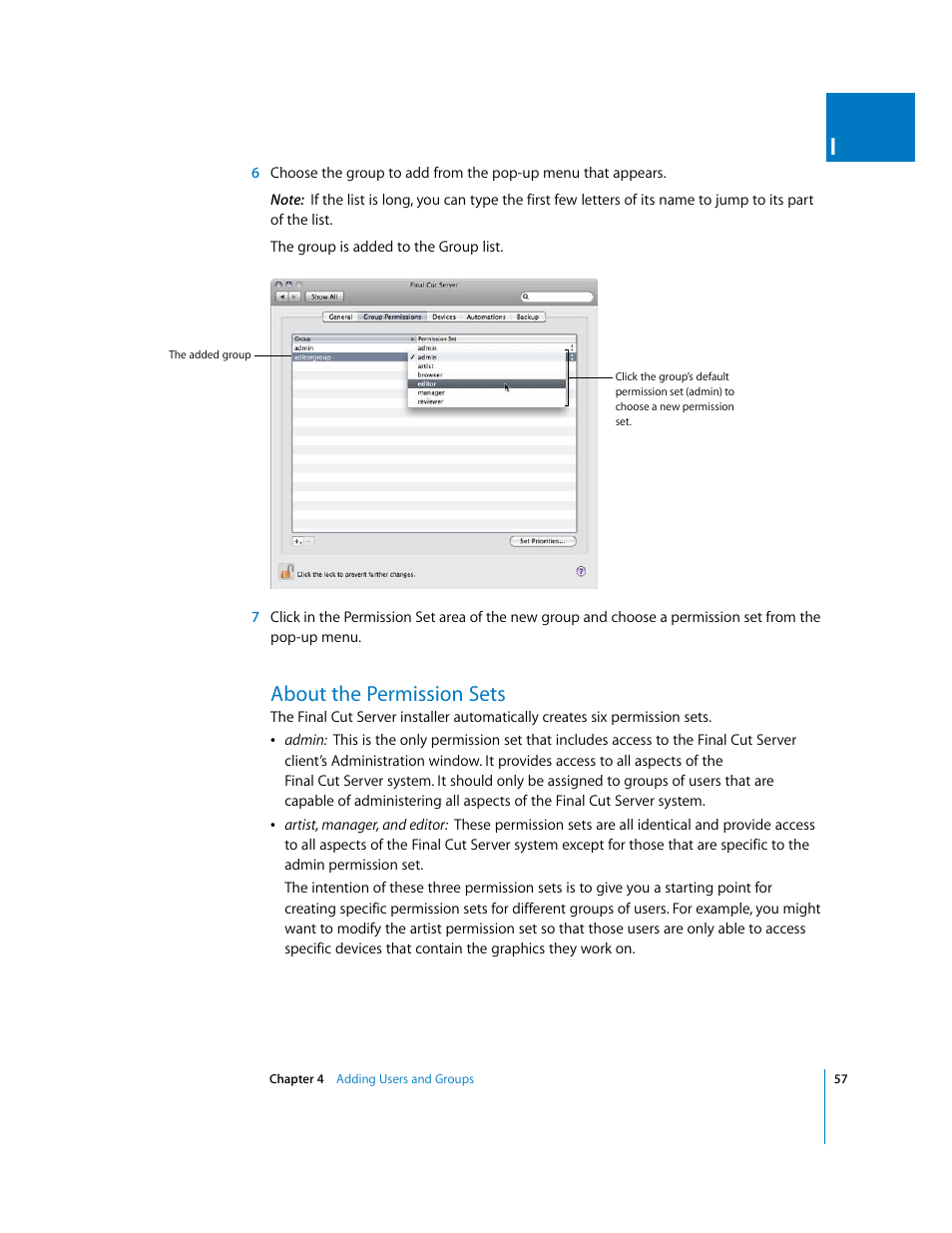 About the permission sets, P. 57) | Apple Final Cut Server User Manual | Page 57 / 238