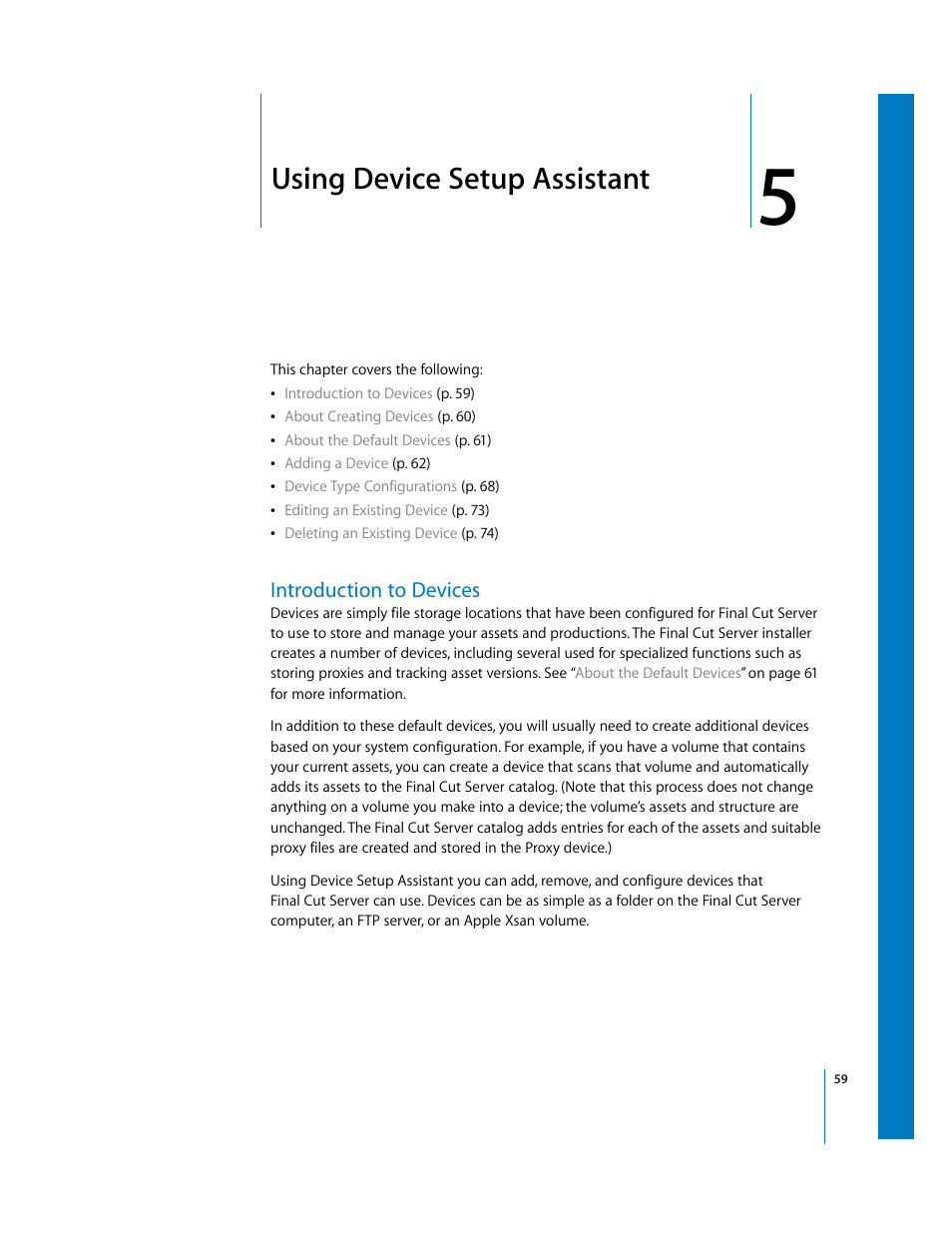 Using device setup assistant, Introduction to devices, Chapter 5 | Using device setup, Assistant, Ee chapter 5, Using, Device setup assistant | Apple Final Cut Server User Manual | Page 59 / 238