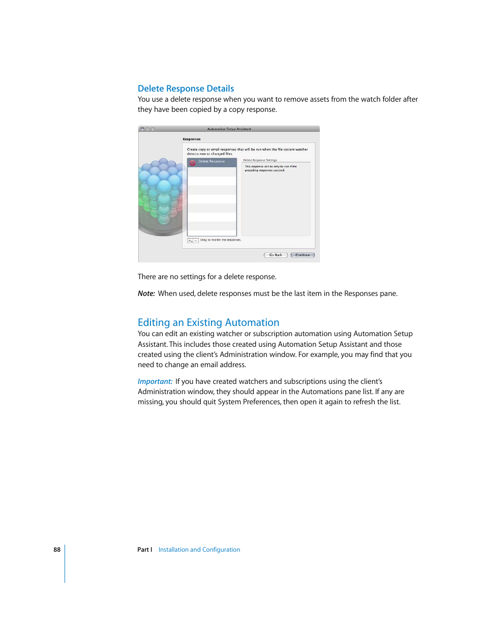 Delete response details, Editing an existing automation, P. 88) | Apple Final Cut Server User Manual | Page 88 / 238