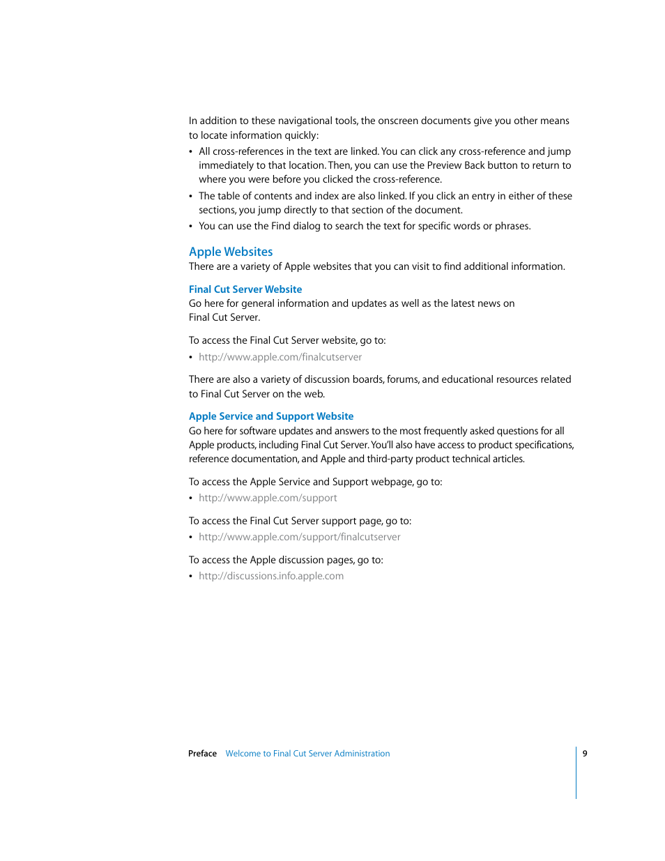 Apple websites | Apple Final Cut Server User Manual | Page 9 / 238