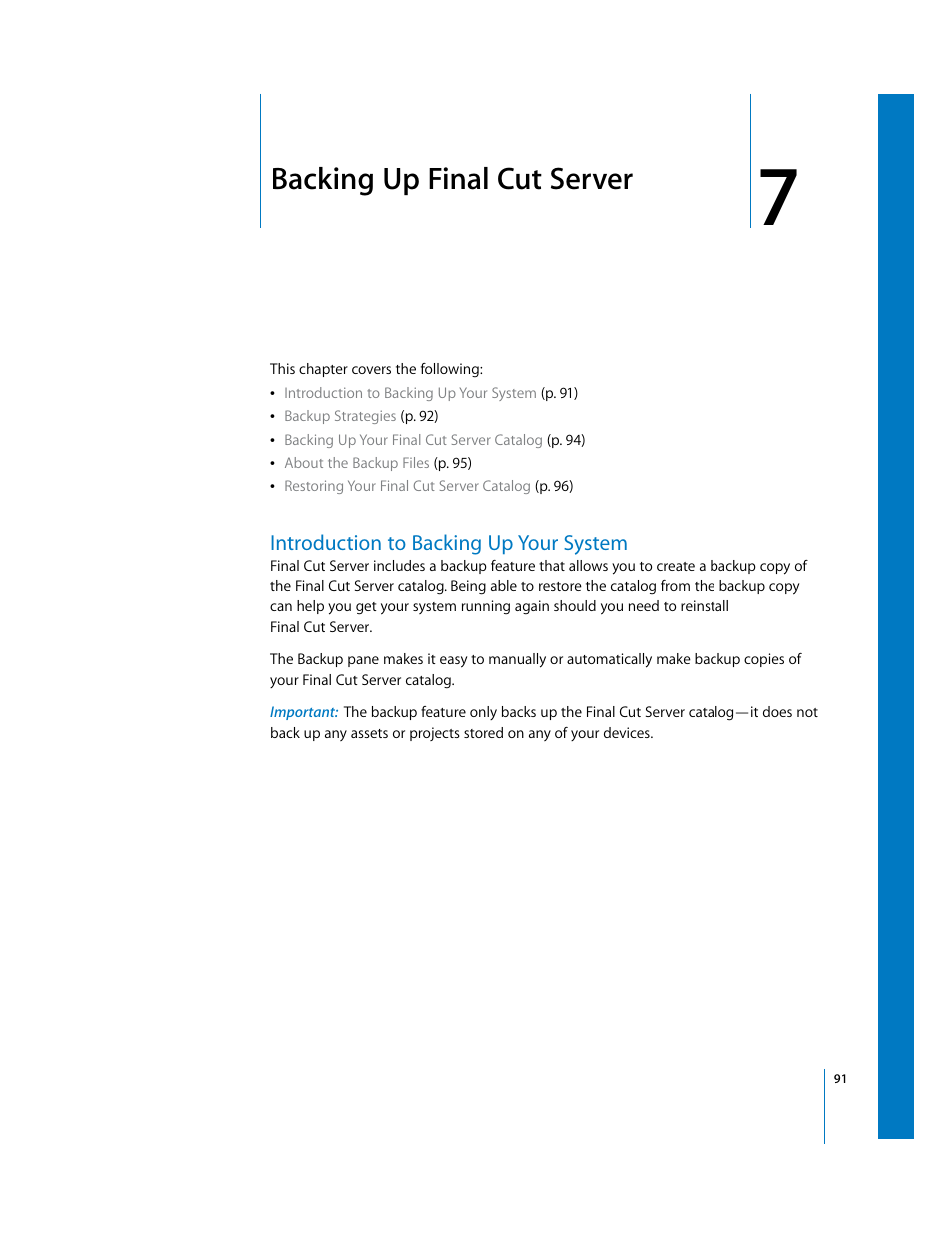 Backing up finalcutserver, Introduction to backing up your system, Chapter 7 | Backing up final cut server, Ee chapter 7 | Apple Final Cut Server User Manual | Page 91 / 238