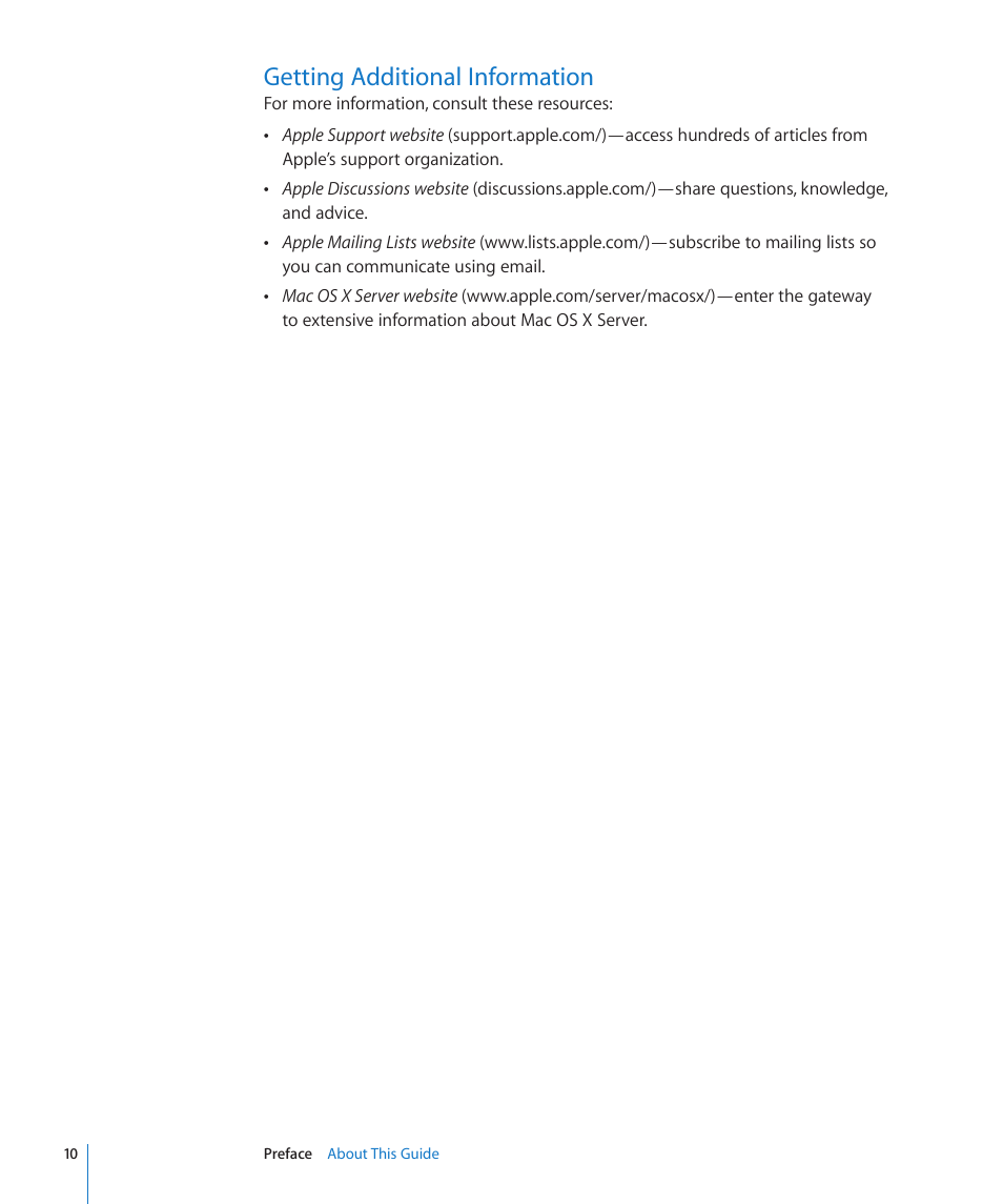 Getting additional information | Apple Mac OS X Server v10.6 User Manual | Page 10 / 97