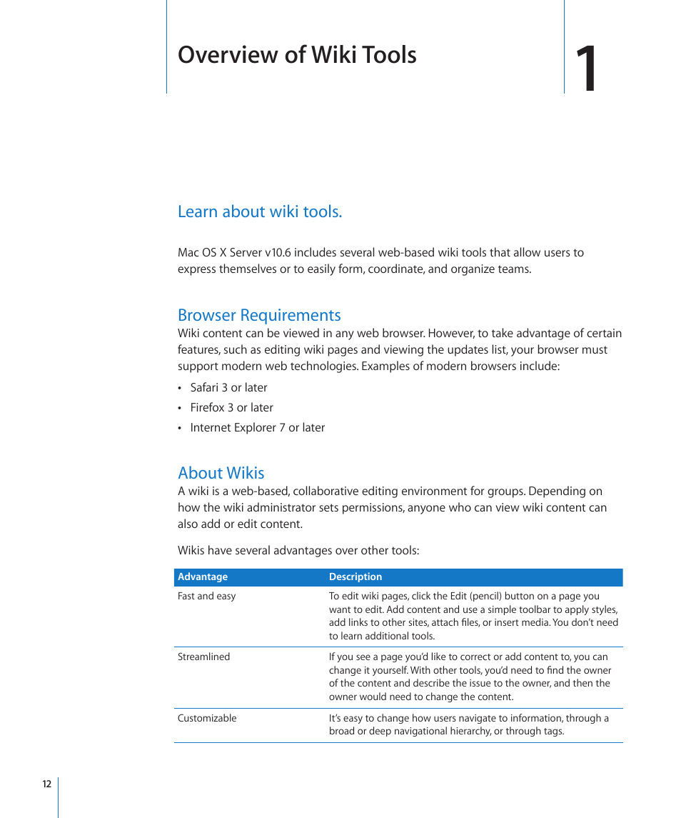 Chapter 1: overview of wiki tools, Browser requirements, About wikis | Chapter 1: overview of wiki tools, Overview of wiki tools | Apple Mac OS X Server v10.6 User Manual | Page 12 / 97