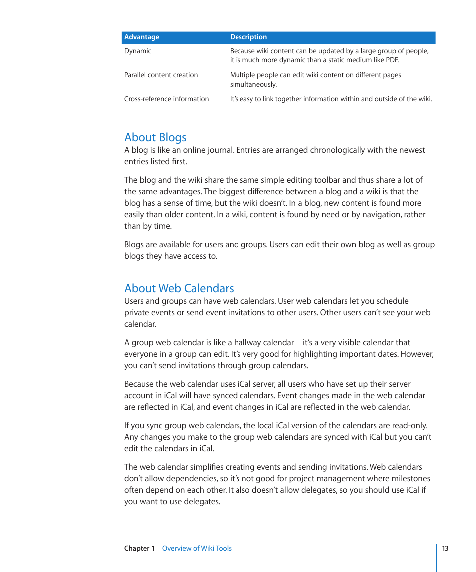 About blogs, About web calendars | Apple Mac OS X Server v10.6 User Manual | Page 13 / 97