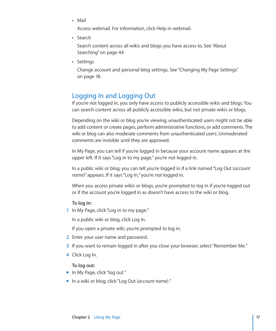Logging in and logging out | Apple Mac OS X Server v10.6 User Manual | Page 17 / 97