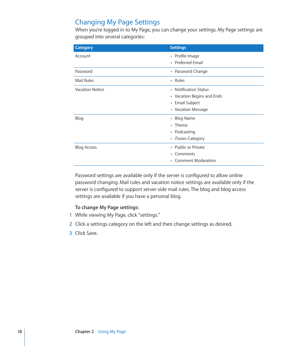 Changing my page settings | Apple Mac OS X Server v10.6 User Manual | Page 18 / 97