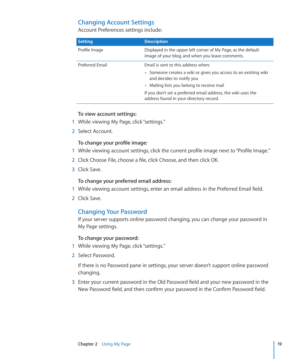 Changing account settings, Changing your password | Apple Mac OS X Server v10.6 User Manual | Page 19 / 97