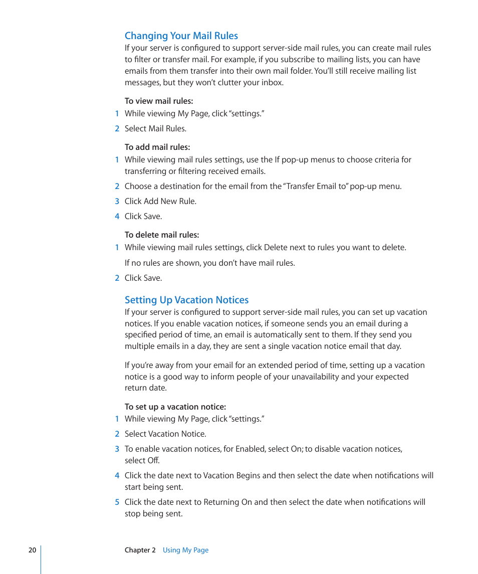 Changing your mail rules, Setting up vacation notices | Apple Mac OS X Server v10.6 User Manual | Page 20 / 97