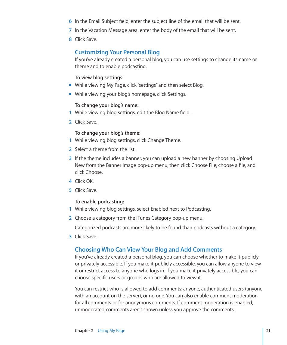 Customizing your personal blog, Choosing who can view your blog and add comments | Apple Mac OS X Server v10.6 User Manual | Page 21 / 97