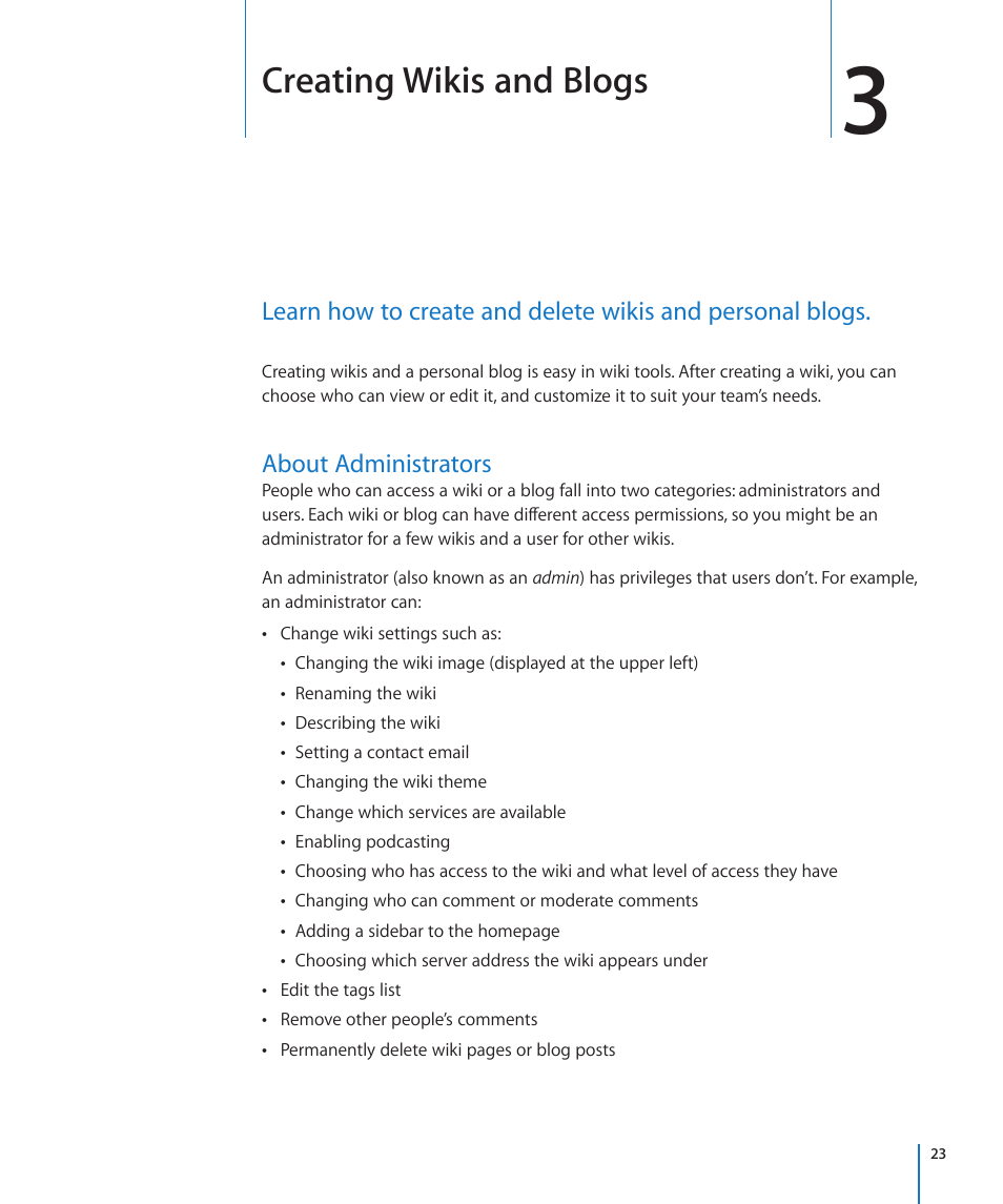 Chapter 3: creating wikis and blogs, About administrators, Chapter 3: creating wikis and blogs | 23 about administrators, Creating wikis and blogs | Apple Mac OS X Server v10.6 User Manual | Page 23 / 97