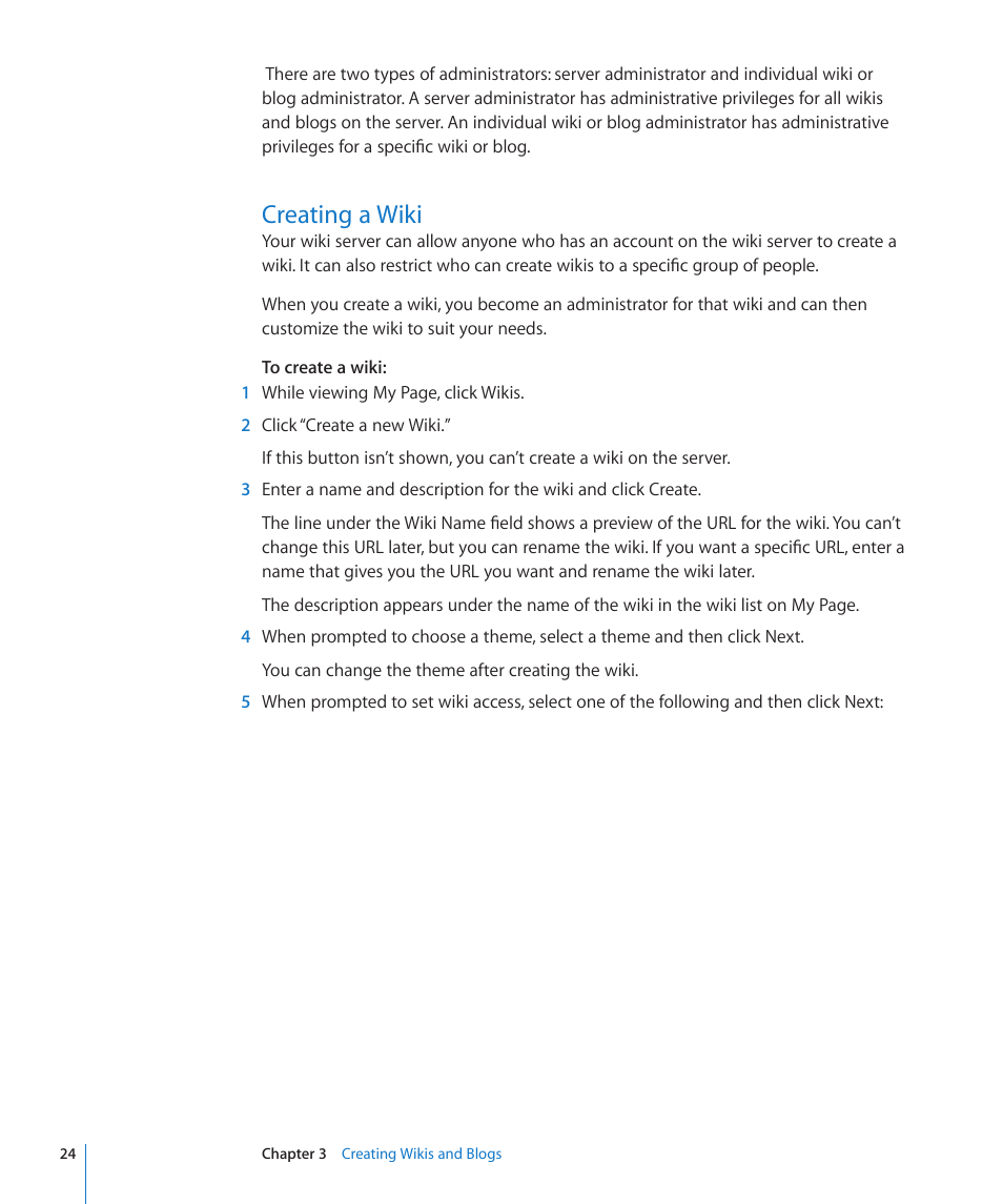 Creating a wiki, 24 creating a wiki | Apple Mac OS X Server v10.6 User Manual | Page 24 / 97