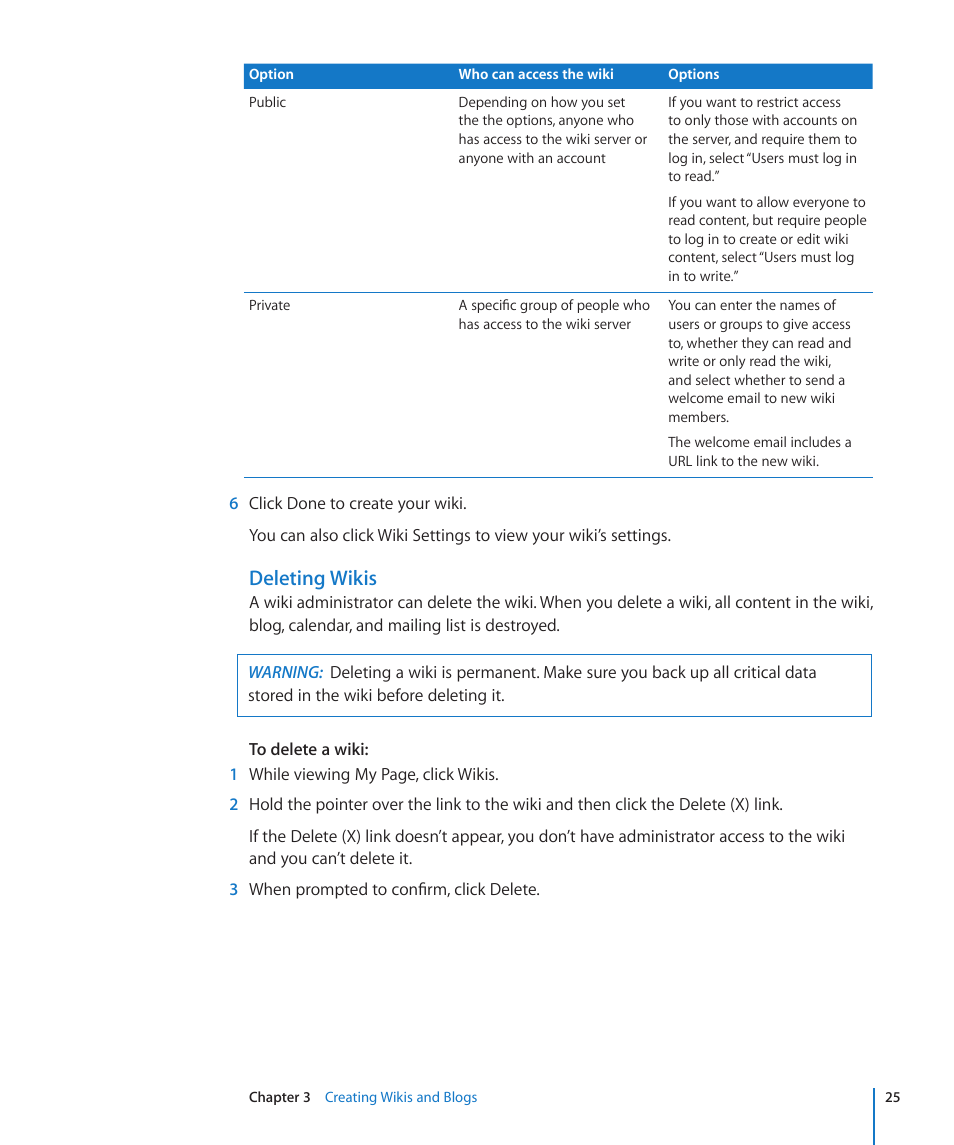 Deleting wikis | Apple Mac OS X Server v10.6 User Manual | Page 25 / 97
