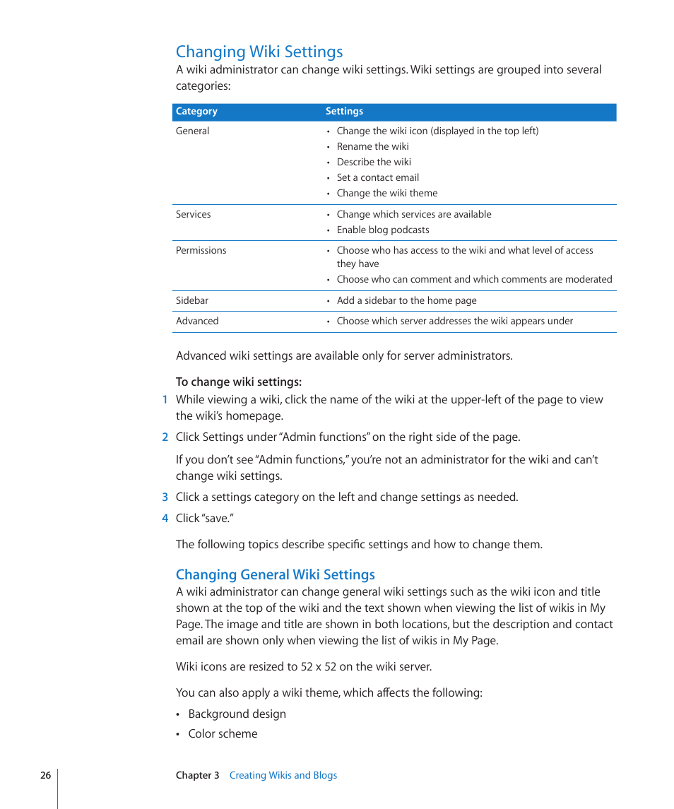 Changing wiki settings, Changing general wiki settings, 26 changing wiki settings 26 | Apple Mac OS X Server v10.6 User Manual | Page 26 / 97