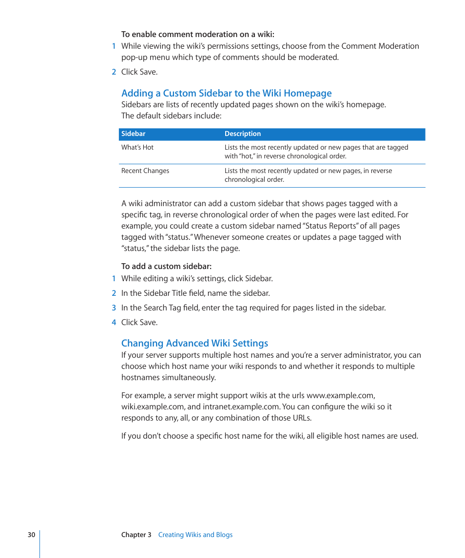 Changing advanced wiki settings, Adding a custom sidebar to the wiki homepage | Apple Mac OS X Server v10.6 User Manual | Page 30 / 97