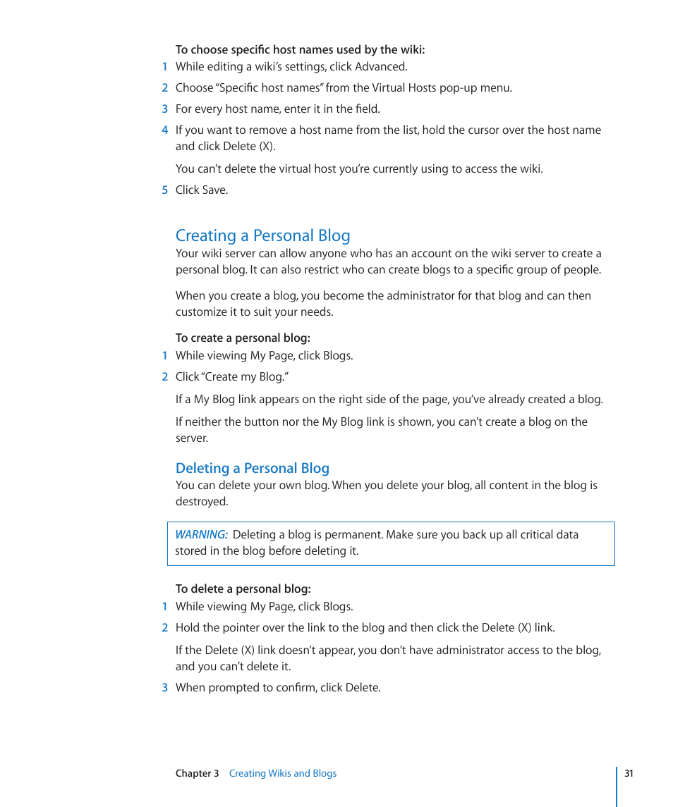 Creating a personal blog, Deleting a personal blog | Apple Mac OS X Server v10.6 User Manual | Page 31 / 97