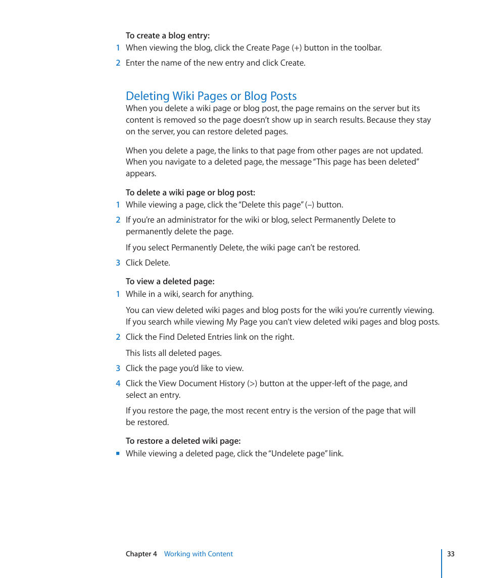 Deleting wiki pages or blog posts | Apple Mac OS X Server v10.6 User Manual | Page 33 / 97