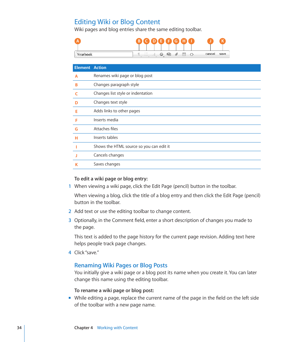 Editing wiki or blog content, 34 editing wiki or blog content 34, Renaming wiki pages or blog posts | Apple Mac OS X Server v10.6 User Manual | Page 34 / 97
