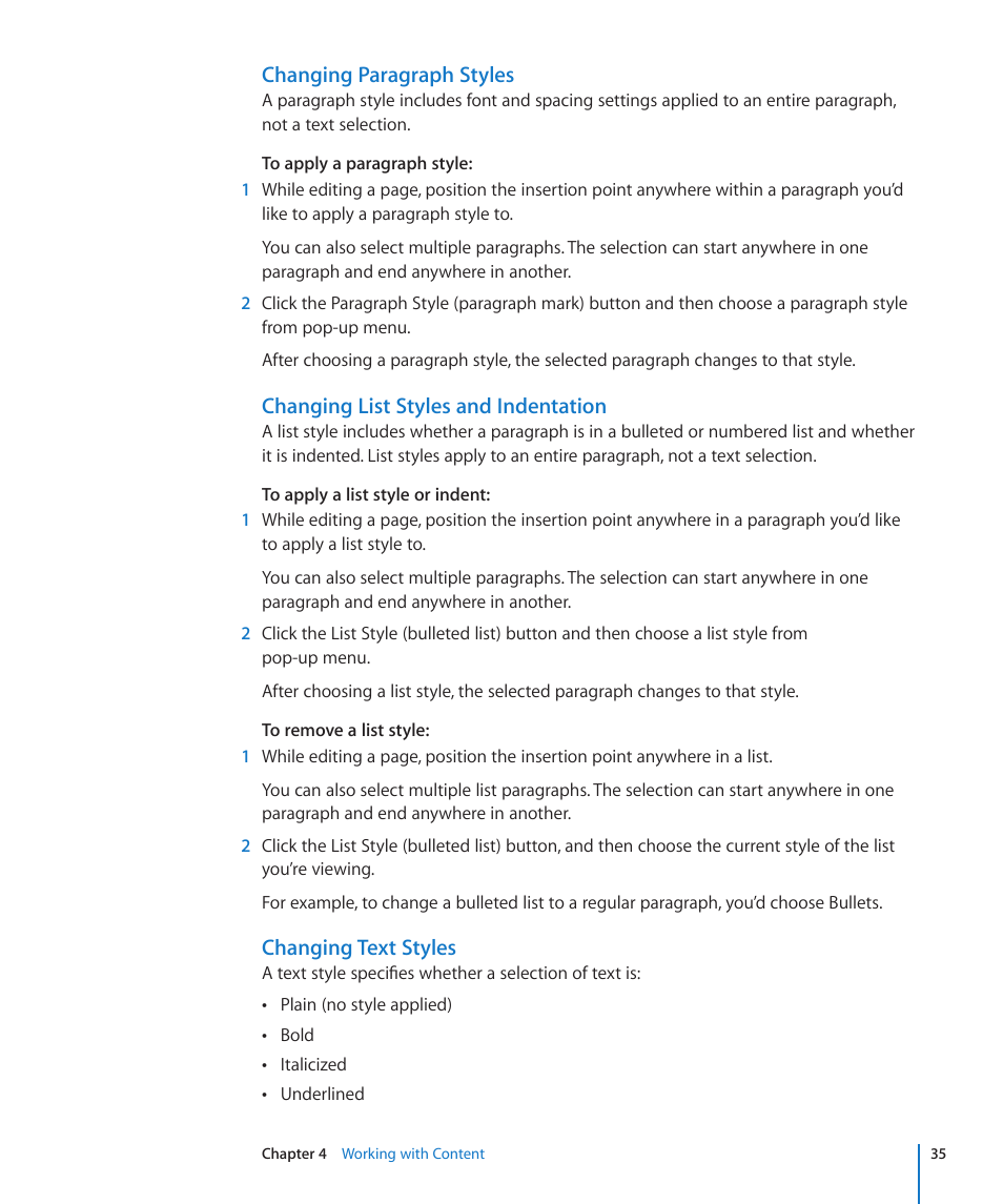 Changing paragraph styles, Changing list styles and indentation, Changing text styles | Apple Mac OS X Server v10.6 User Manual | Page 35 / 97