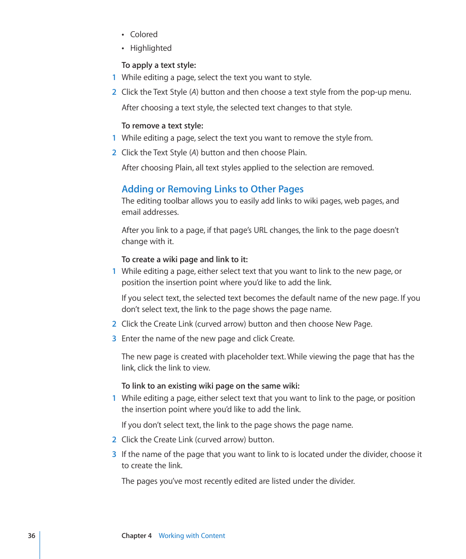 Adding or removing links to other pages | Apple Mac OS X Server v10.6 User Manual | Page 36 / 97