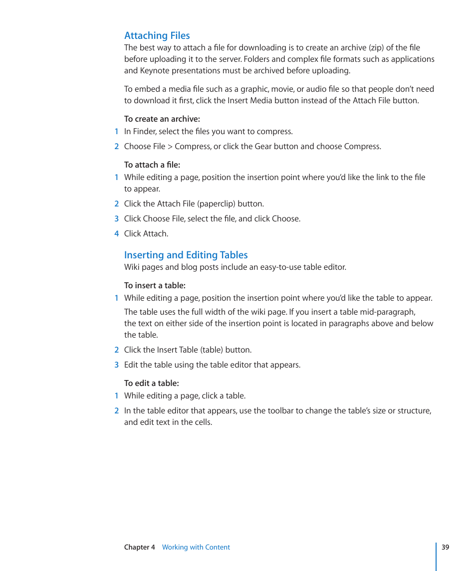 Attaching files, Inserting and editing tables | Apple Mac OS X Server v10.6 User Manual | Page 39 / 97