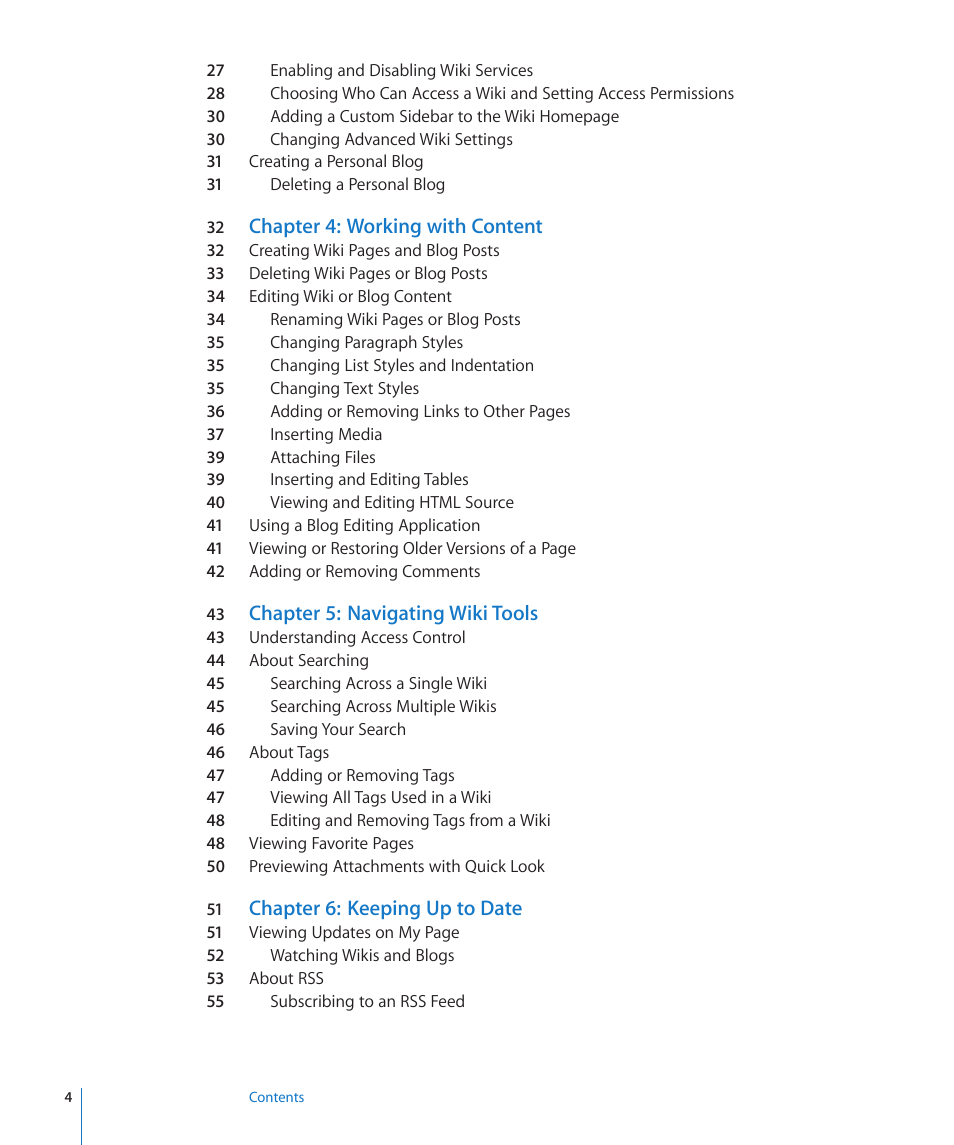 Chapter 4: working with content, Chapter 5: navigating wiki tools, Chapter 6: keeping up to date | Apple Mac OS X Server v10.6 User Manual | Page 4 / 97
