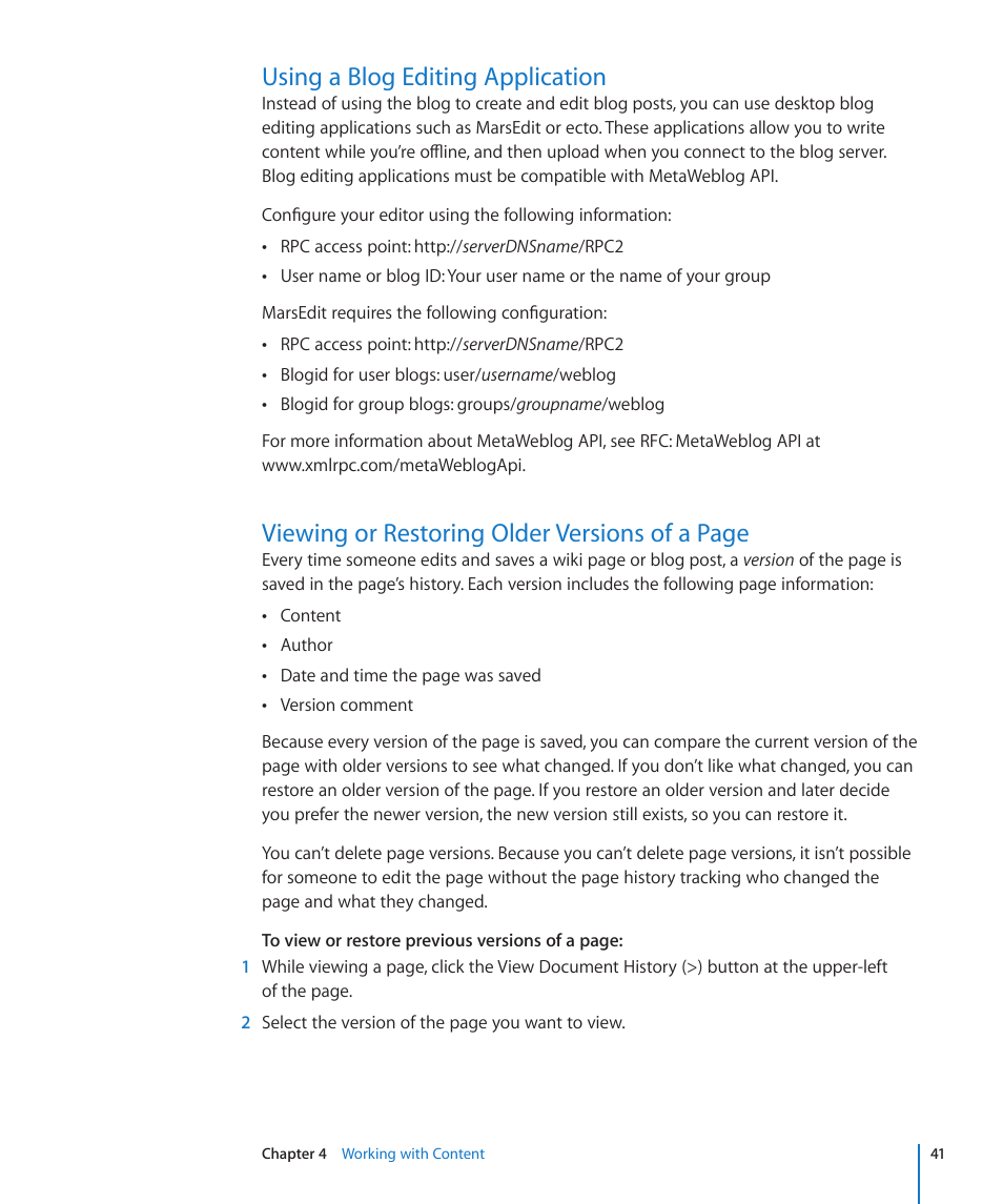 Using a blog editing application, Viewing or restoring older versions of a page | Apple Mac OS X Server v10.6 User Manual | Page 41 / 97